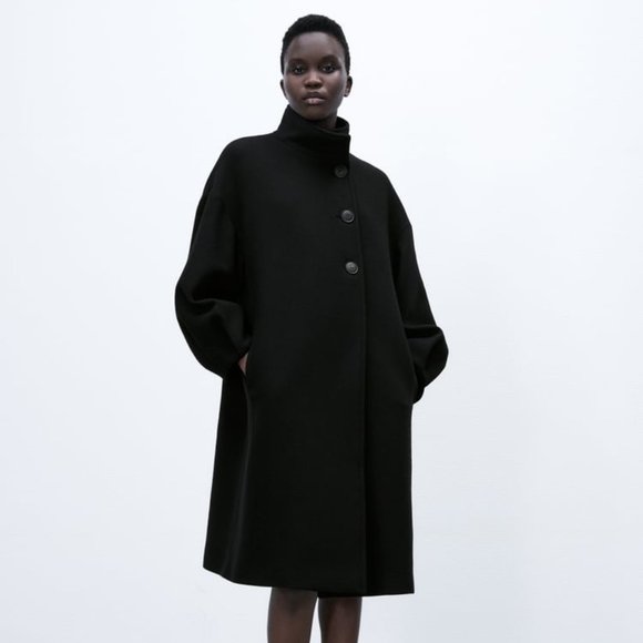 Zara Jackets & Coats Nwt Zara Wool Blend High Collar Coat Black Ref